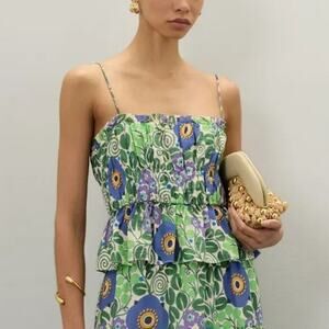 Rhode Julieta Top Floral Print Sleeveless Square Neck Peplum Green Multicolor XS